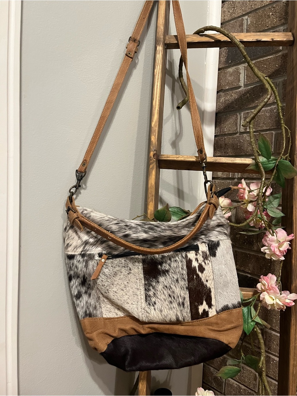 Myra Bag Patchwork Cowhide Shoulder Bag - Tan, Black, Cream